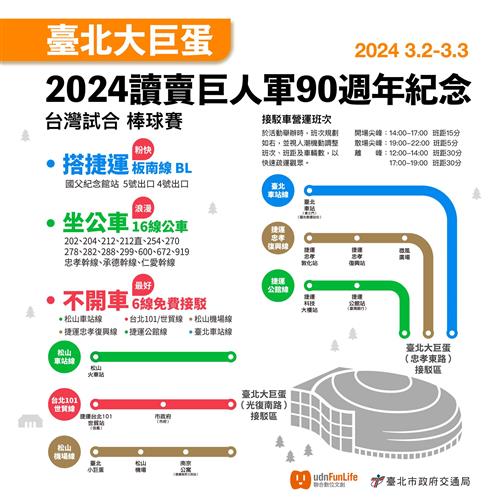 2024讀賣巨人軍90週年紀念台灣試合大眾交通運輸宣傳圖卡。（圖／台北市交通局提供）